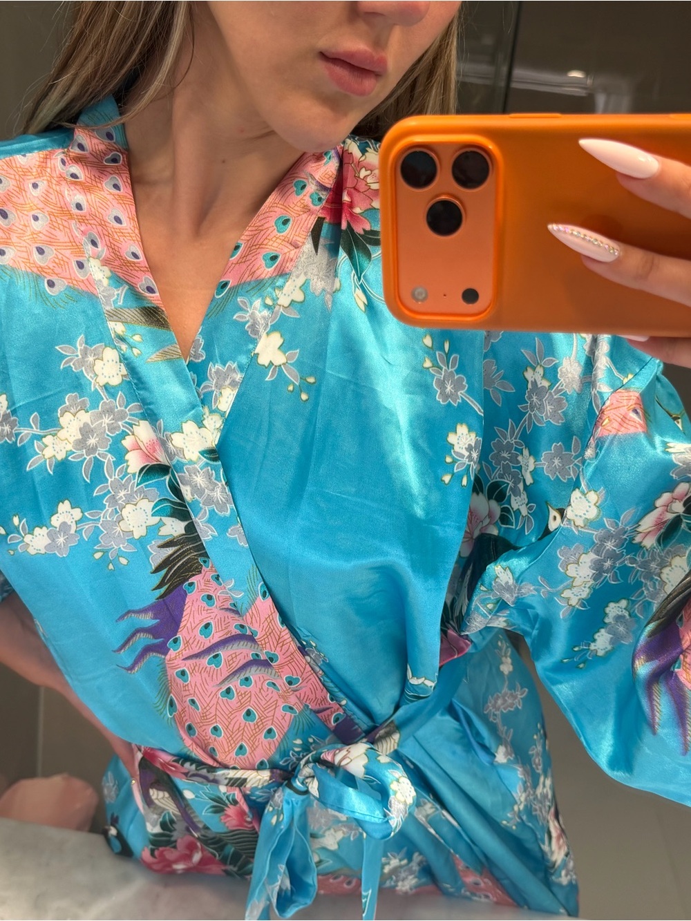 Turquoise Floral Satin Kimono Robe